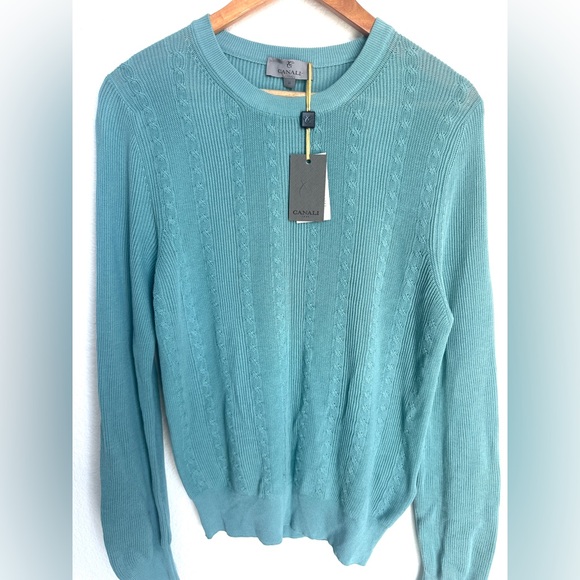 NWT Canali Cable Knit Crewneck Sweater Men’s size 46 Small Turquoise - Picture 3 of 14